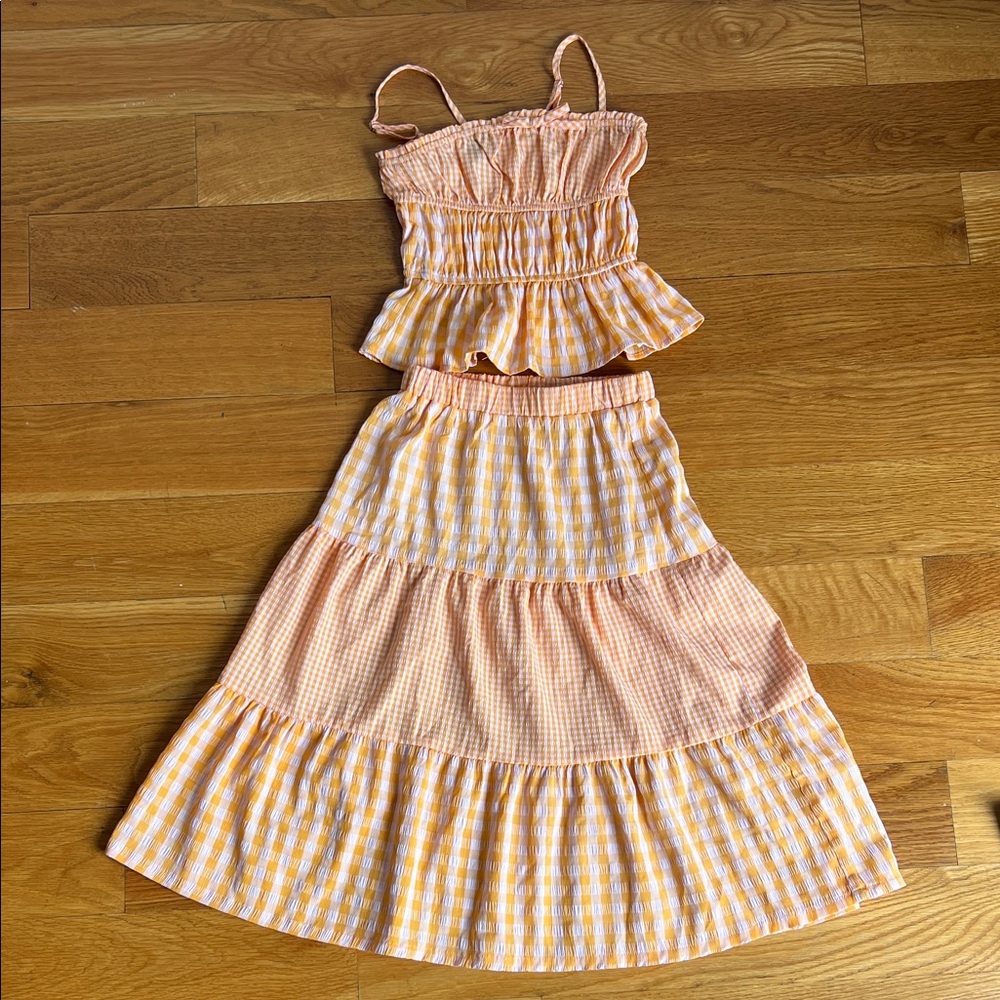 NEW Peach gingham sleeveless top and tiered skirt size 7/8